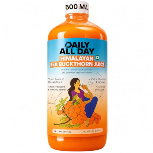 Daily All Day Himalayan Sea Buckthorn Juice Berry Pulp Superfruit Omega 7 16.9 fl oz (500 ml) Liquid Supplement Rich in Vitamin C Plant Based Omega 3 6 7 9 for Skin Health & General Wellness