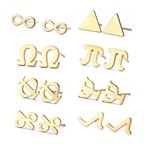 Amaxer 8 Pairs Math Symbol Stud Earrings Tiny Stainless Steel Science Jewelry for Women Birthday Gift (Gold, Math symbol 8pcs) Cover