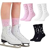 Glitopper 3 Pairs Glitter Rhinestone Figure Skating Socks Ice Skating Socks for Women Fashion Short Sock for Sports Dance (Black White Pink,Bow)