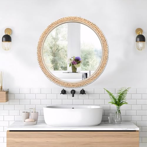 FUIN 24" Rattan and Wood Round Mirror for Boho Bathroom, Entryway, Living Room Decor by FUIN - Image 5