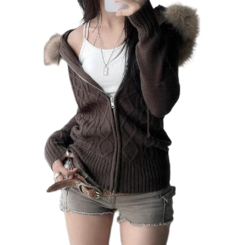 Women Zip Up Knit Hoodies Y2K Long Sleeve Cropped Jacket Coat with Fur Trim Hooded Grunge 00s Sweatshirt
