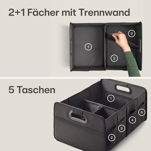 Praknu Kofferraum Organizer Faltbar XL – 3 Flexible Fächer mit 5 Taschen – Rutschfest – Ideale Größe für Ordnung im Auto – Robust & Wasserabweisend aus Oxford Gewebe - Auto Zubehör Innenraum Organizer