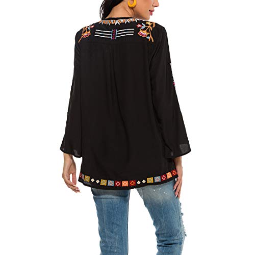 Ak Women's Embroidered Tops Mexican Shirt V Neck Summer Casual Tops Peasant Tunic Loose Blouse (As1, Alpha, S, Regular, Regular, 194-Black) #TOP4
