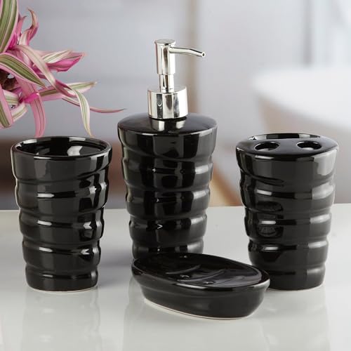 Image of Kookee Ceramic Bathroom Accessories Set of 4, Modern Bath Set with Liquid handwash Soap Dispenser and Toothbrush Holder, Luxury Gift Accessory for Home, Black (10238)