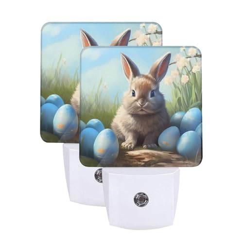 Image of Bunny Easter Eggs Blue LED Plug-in Night Light 2-Pack, Auto Sensor Nightlights Set of 2 for Bedroom Bathroom