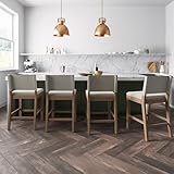 Nathan James Linus Modern Upholstered Counter Height Bar Stool with Back and Solid Rubberwood Legs in a Wire-Brushed Light Brown Finish, Natural Flax/Brown, Set of 4