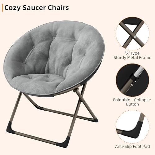 GAOMON Saucer Chair, Comfy Chair Faux Fur Lounge Moon Chair with Folding Metal Frame, Oversized Plush Flower Accent Seat for Adults, Teens & Kids, for Teens, Bedroom, Dorm or Living Room, Grey