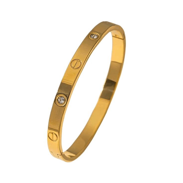 Image of Luxury Gold-Plated Bangle Bracelet with Crystal Accents, Minimalist Design, Screw Pattern Detail