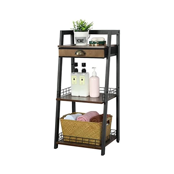 keomaisyto 3-Tier Bathroom Ladder Shelf, Bathroom Floor Storage Shelf with Drawer, Freestanding Tower Shelf, Open Shelving Unit for Bathroom Living Room Balcony
