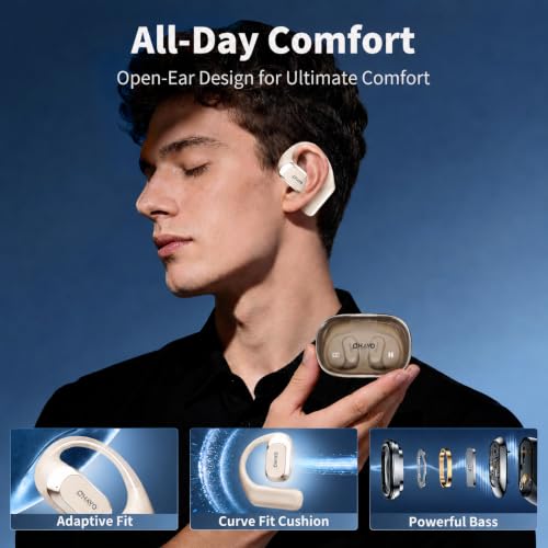 Image of OHAYO Open Ear Headphones,Earbuds with Ergonomic Earhook,Bluetooth Headphones 5.4 with Smart Digital Display,40H Playtime,IPX6 Waterproof,Touch Control Earphones Fit Cycling,Running,Workout(Beige)