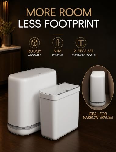 Image of Small Bathroom Trash Can with Lid, Dog Proof Slim Press Top Garbage Can, White Plastic Narrow Waste Basket, for Bathroom Bedroom Office 2 Pack Set with 4.8 Gal and 3.3 Gal