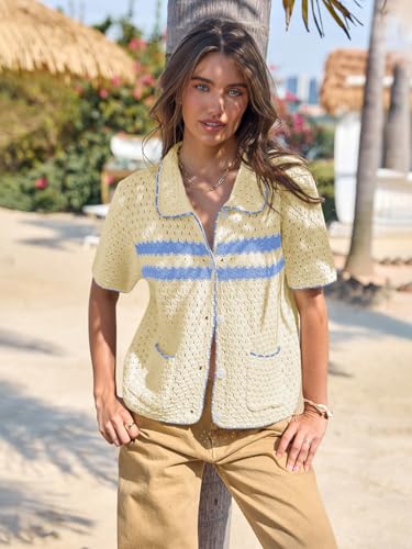 Image of Yousify Womens Casual Summer Short Sleeve Sweaters Button Down Crochet Knit Tops 2026 Loose Cute Cardigan Sweater