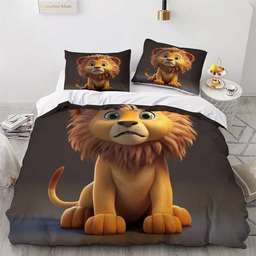 Housse de couette lion 3 pièces lit double microfibre impression 3D enfants