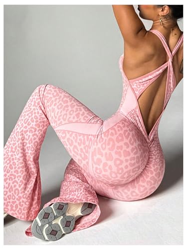 Image of Verdusa Women's Cheetah Print Workout Sets Yoga Jumpsuit Criss Cross Sleeveless Work Out Clothes Flared Pants Jumpsuits