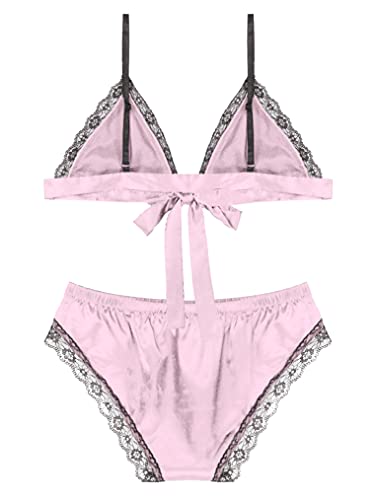 AGJGFM Men's Shiny Stain Lace Trim Cami Top with Shorts 2 Piece Set Sexy Lingerie Sissy Pajama Set4