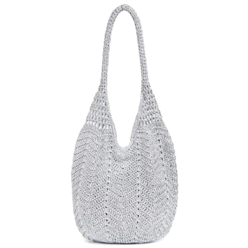 Image of Boho Crochet Shoulder Bag for Women, Colorful Beaded Beach Tote Handbag Lightweight Summer Knit Hobo Purse &Travel Organizer