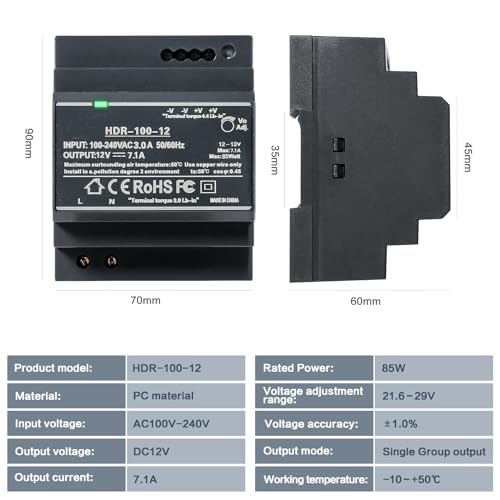 Image of Jadeshay DIN Rail Power Supply, 100W 12VDC 7.1A Switching Power Supply with Overload Protection and Stable DC Output (HDR-100-12)
