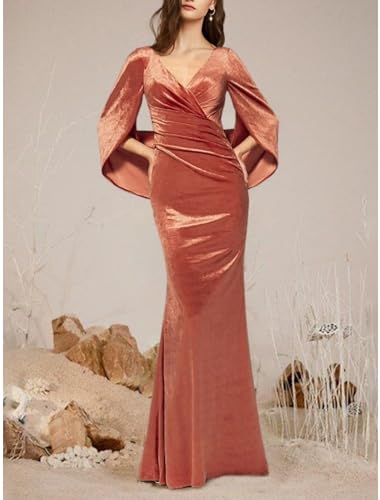 V-Neck Prom Dresses with Pleated Long Mermaid Half Sleeve Velvet Formal Dress for Wedding Zipper Back Closure3