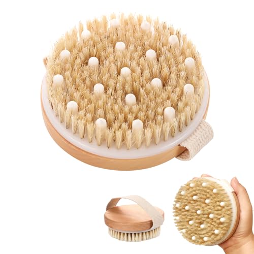 Körperbürste, Trockenbürste, Massagebürste mit Naturborsten zur Förderung der Lymphfunktion und Reduktion von Cellulite, Peeling Körperbürste, Trockenmassage für straffere Haut, 2 in 1 Peelingbürste