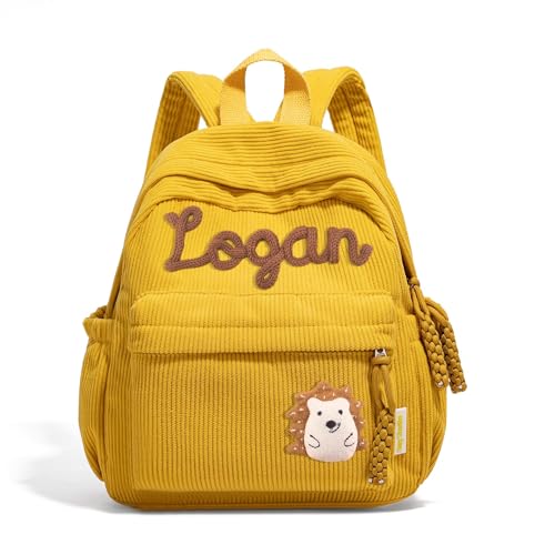 Custom Kids Corduroy Backpack, Personalized Name Schoolbag, Back to School Gift, 16x12x6 inches, Floral Design, Yellow, Ages 3-14