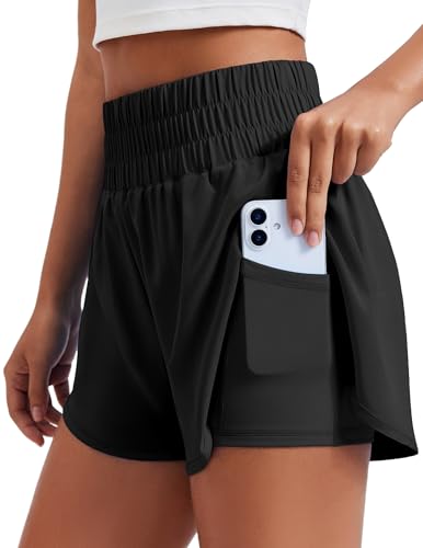 PINSPARK Women 2 in 1 Running Athletic Shorts High Split Dolphin 3 Inch Gym Shorts Quick-Dry Workout Active Sports Shorts with Liner and Pockets Black Small
