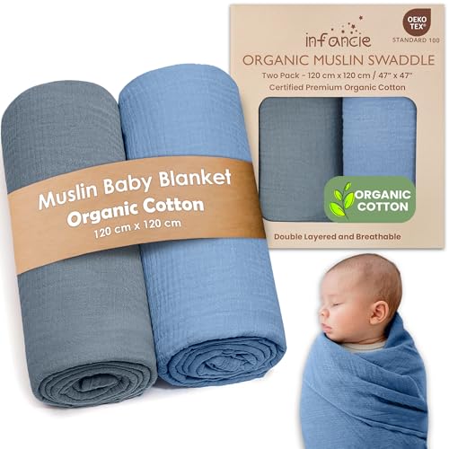 Image of infancie Organic Cotton Muslin Baby Blanket - 47x47 Inch Breathable Swaddle, Hypoallergenic Double-Layer, Versatile Use (Slate/Aquarius, 47x47 Inch)