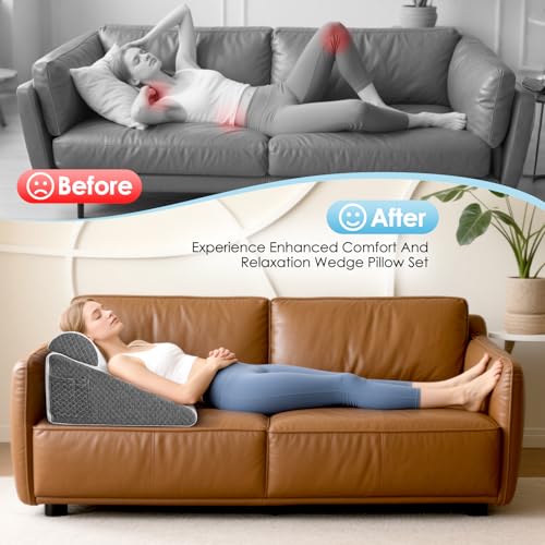 Vielseitig Keilkissen mit Nackenrolle, 25D Memory-Schaumstoff Lesekissen für Bett und Sofa, Ergonomisches Kopfkissen für Reflux Schlafapnoe, Lendenkissen, Beinkissen, Rückenstützkissen, L50xB50xH26cm