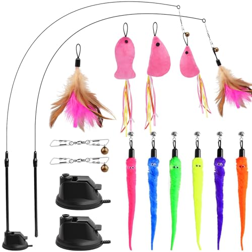 Interaktives Katzenspielzeug Angel mit Feder- Intelligenz Spielzeug für Katzen Federspielzeug Mit Saugnapf für Kitten SelbstbeschäFtigung (13 STK...