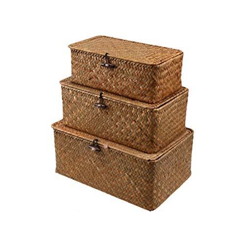 FOMIYES Seagrass Basket with Lid 3pcs Seagrass Storage Baskets with Lid?Natural Wicker Baskets Woven Rectangular Basket Bins for Household Organizer Boxes Shelf Wardrobe Organizer- Size S, L