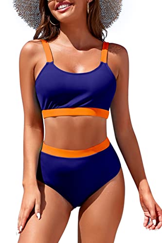 Image of Womens High Waisted Bikini Sets Sporty Crop Top Color Block Swimwear Bandeau Scoop Neck Vintage Two Piece Bathing Suits