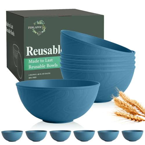 Image of Cereal Bowls 40 OZ Set of 6, Unbreakable Lightweight Bowls Set, Microwave & Dishwasher Safe, Plastic Reusable Cereal Bowls for Soup, Salad, Noodle, Snack, Fruit, Blue
