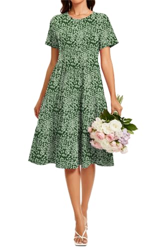 Image of Womens Summer Short Sleeve Crew Neck Midi Dress 2026 Casual Fit Flowy Tiered Beach Vacation Sundress with Pockets
