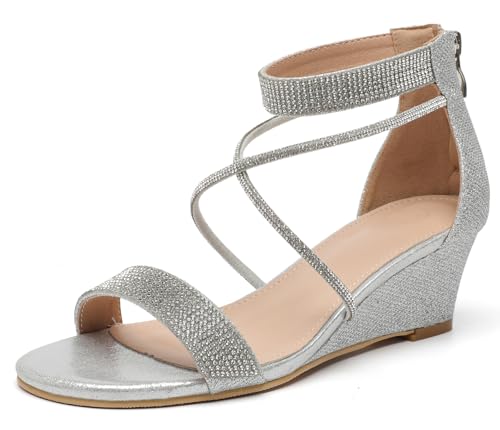 DADAWEN Women's Open Toe Ankle Strap Glitter Rhinestones Low Wedge Sandals Party Wedding Dress Pumps Shoes