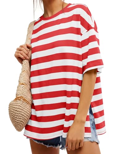 Image of Tankaneo Womens Oversized Tshirts Summer Casual Short Sleeve Crew Neck T Shirt Loose Fit Side Slit Tee Tops