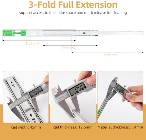 1 Pair 18 Inch Full Extension Drawer Slides Soft Close, 45mm Heavy Duty Cabinet Drawer Tracks, 3-Fold Adjustable Self Closing Rails, Ball Bearing Mechanical Runner for Kitchen Dresser, Sliver - 2