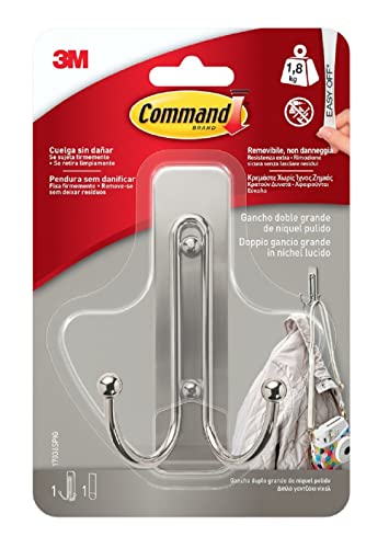 Command 17036Spig Gancio Adesivo Metallico Doppio In Nichel, Large 17036, Nickel Spazzolato
