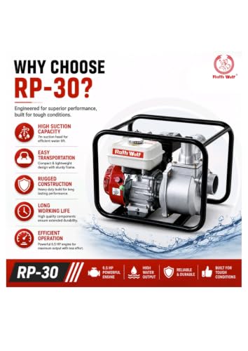 Image of Ralli Wolf RP30 6.5HP 4-Stroke Petrol Water Pump - 3 Inch (76mm) Inlet & Outlet | Powerful High-Flow Engine | Ideal for Irrigation, Construction & Dewatering | Heavy-Duty Performance