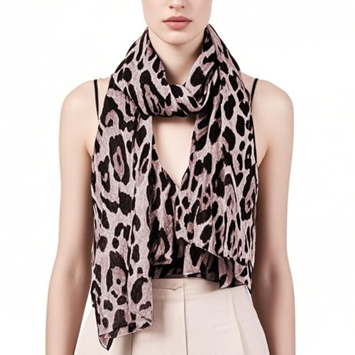 Damen Schal mit Leopard Muster Weiche Leopardenmuster Halstuch Damen Modische Langen Gaze Tuch für Frauen Sommer Frühling 180x90 cm Braun-Beige