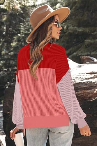 Image of Zeagoo Women 2026 Fall Lightweight Oversized Sweater Crew Neck Long Sleeve Color Block Pullover Rib Knit Blouse Tops XS-2XL