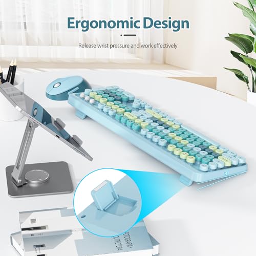 Image of Fogruaden Blue Keyboard and Mouse Wireless, Retro Typewriter Keyboard, 2.4GHz 104 Keys Full Size Cute Keyboard with Number Pad, Blue Colorful Keyboard with Retro Round Keycaps for Windows PC Laptop