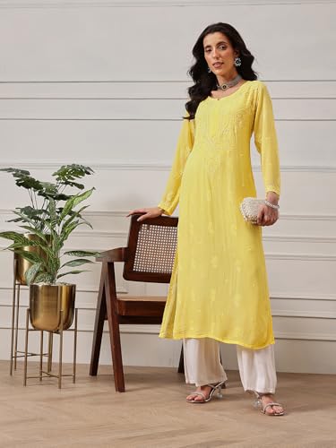 Image of Ada Hand Embroidered Lucknowi Chikankari Viscose Georgette Kurta Kurti for Women A411185