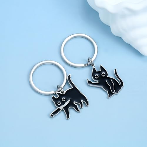 Image of 2Pcs, Cat Keychain, Stainless Steel Keyrings & Keychains, Bag Charms for Handbags and Car Keychain, Black It Is So Cute It Can Be A Cat Lover Gift For Someone Who Loves Cats Very Cute Cat Stuff