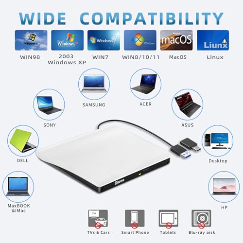 Image of Ziweo External DVD Drive USB 3.0 Type-C Portable CD DVD + /-RW Drive for Laptop DVD Player CD ROM Rewriter Burner Compatible with Laptop Desktop PC Windows MacBook Mac Linux Mac OS Upgrade White