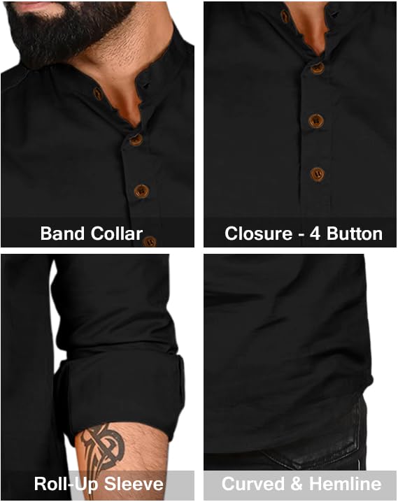 Image of ROYALSCOUT Men Cotton Blend Short Kurta with Mandarin Collar and Button Placket | Full Sleeve Regular Fit Ethnic Wear for Casual and Festive Use