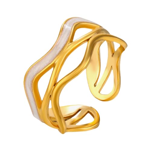 Chunky Gold Rings For Women, Stainless Steel White Two Tone Ring Trendy Stackable Fake Engagement Promise Statement Jewelry Gift