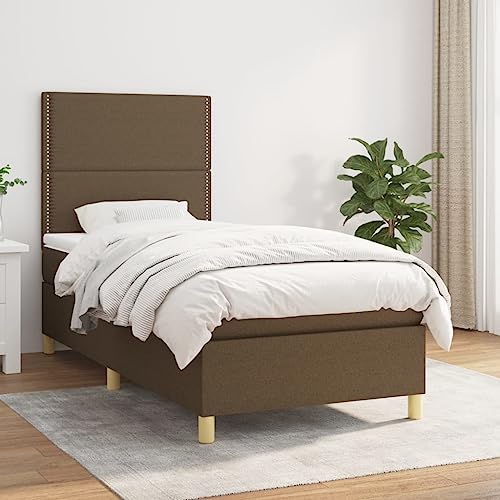 Teenpull Cama con somier con colchón de 90 x 190 cm, color marrón oscuro, tapizado de tela con cabecero ajustable y colchón de muelles ensacados, ideal como cama de invitados, cama juvenil para