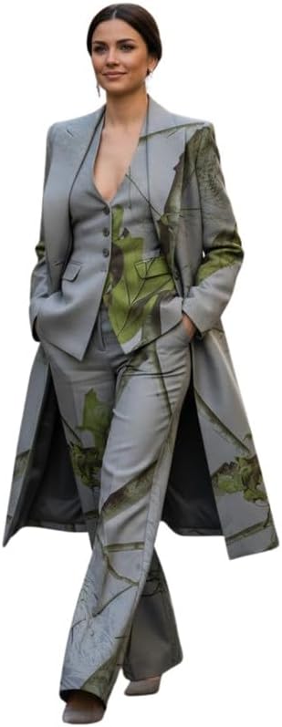 Women's 3 Piece Suit Camo Collection Peak Lapel Blazer V Neck Vest High Waisted Pants for Outdoor Hiking