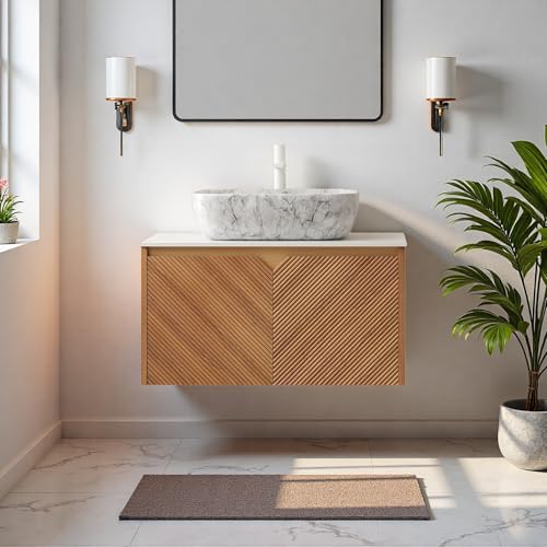 Image of Floating Bathroom Vanity with Sink, 30 inch Bathroom Storage Cabinet with Sintered Stone Countertop & Marble-Pattern Ceramic Basin, Wall-Mounted Vanity with 2 Twill Pattern Doors, Brown Oak