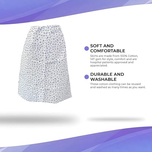 Image of AMZ Medical Supply Cotton Patient Skirts with Waist Tie, Universal Size. Pack of 3 White with Dark Blue Swallow 100% Cotton Skirts for Women, Thickness 147 GSM. Reusable Hospital Patient Clothing