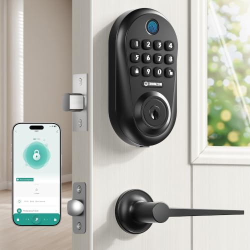 IRONZON Keyless Entry Door Lock,5-in-1 Smart Lock for Front Door,Fingerprint, Keyless Entry & Auto-Lock Deadbolt with Handle Set, Remote Control via App, Easy Install - Black